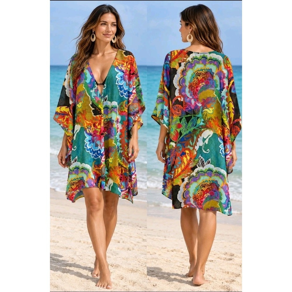 Lauren Ralph Lauren Womens M Kimono Sleeved Floral Tunic Beach Swim Cover-Up